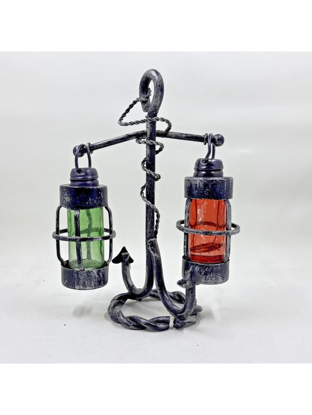 Vintage Iron and Glass Hanging Lanterns on Boat Anchor Salt Pepper Shaker Set